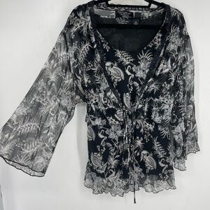 Vintage 90s New York City Design Co Plus Size 2X Silk Black Floral Top Sheer Y2K